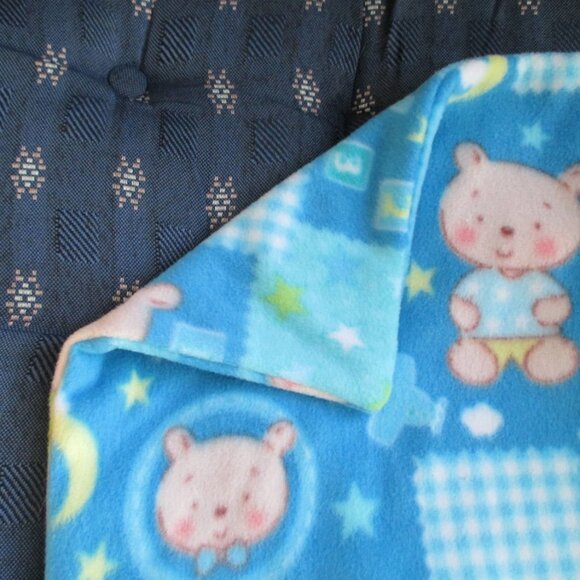 Baby blanket Fleece Blue Teddy Bear Airplanes moon stars 2 layer soft nap blanky - Picture 1 of 4
